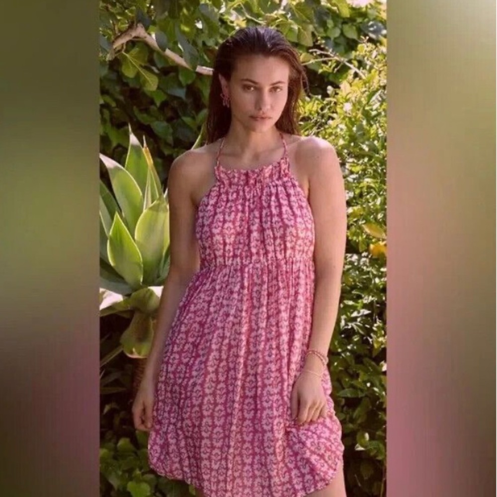 Anthropologie Pink Floral Cotton Gauze Halter Dress